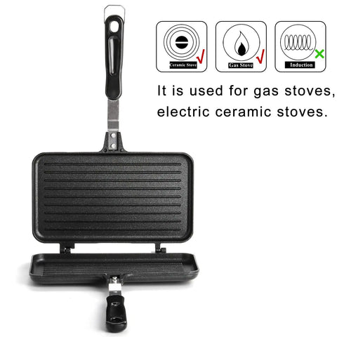 Flip Panini Sandwich Maker With Nonstick Aluminum Grill Pan And Handle shown open for gas and ceramic stoves use
