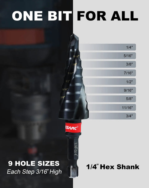 Beefy Pro Grade Step Drill Bit For Metal With M35 Cobalt Coating And Spiral Flute Unibit One Quarter Inch To Three Quarter Inch AlTiN Wear Resistant One Quarter Inch Hex Shank Cuts Stainless Steel Aluminum And Plastic EZARC