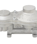 Flame King vertical propane regulator for RVs, front view; silver cast metal with mounting feet.