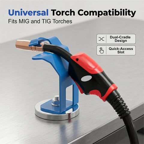 Sturdy Magnetic Mig Welding Torch Holder With Magnet Base For Hands Free Workpiece Alignment And Secure Tool Parking To Boost Efficiency During Extended Metal Fabrication Jobs, featuring a blue holder and a MIG torch.