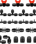 1/2 Inch Drip Irrigation Fittings Kit, 20 Piece DIY Set For Barbed Tees End Caps Valves Elbows Reducing Tees And Connectors, Easy Install No Fuss Drip Tubing Line System components displayed in rows