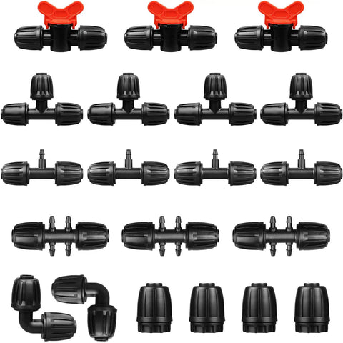 1/2 Inch Drip Irrigation Fittings Kit, 20 Piece DIY Set For Barbed Tees End Caps Valves Elbows Reducing Tees And Connectors, Easy Install No Fuss Drip Tubing Line System components displayed in rows