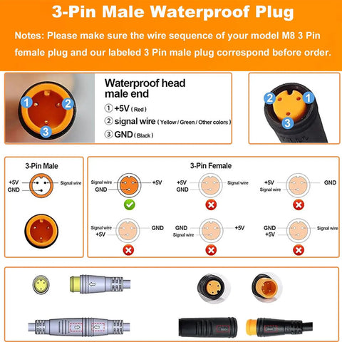 Diagram of 3-pin male waterproof plug, part of Full Twist Throttle Grip For Ebikes And EScooters With 3 Pin Waterproof Connector Fits 22mm Handlebar