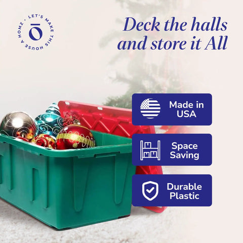 Stackable Plastic Storage Bins With Secure Lids, 27 Gallon Heavy Duty Snap Lock Totes, Sturdy Containers For Holiday Cheer And Seasonal Hoards, Red And Green Set Includes Four Totes, Built To Handle Any Task Like A Champ And Keep Your Space Looking Crisp