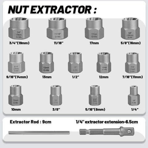15 Piece Bolt Extractor Set for Three Eighths Inch Drive Beast Mode Nut and Bolt Remover Kit showing 13 extractors and rods