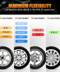 Chart showing wheel compatibility for Heavy Duty Trailer Spare Tire Mount Carrier for Utility and Boat Trailers, 4 to 8 lug sizes.