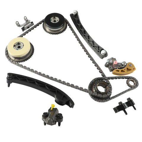 2.0L Turbo Timing Chain Kit with Intake and Exhaust VVT Cam Sprockets for 2013-2023 GM Vehicles laid out on white surface