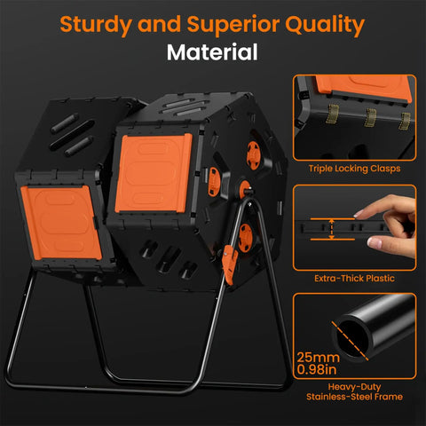 Two Chamber 45 Gallon Compost Tumbler With 360 Degree Rotation Large Outdoor Bin For Kitchen Scraps And Yard Waste Dual Independent Chambers For Continuous Composting Easy Assembly No Fuss Setup Efficient Garden Recycler, shown with locking clasps and metal frame.