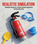 Realistic Water Squirt Fire Extinguisher Toy For Kids Pretend Play Durable Plastic on surface with goggles, bucket, and shovel.