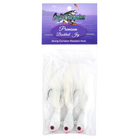 Bucktail Jigs 3 Pack Hand Tied Fishing Lures For Saltwater And Freshwater That Slay Bass Walleye Striper Tackle White 1 Oz Built To Fish Differently Great For All Fishing Situations in packaging.