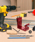 Pro Level Pocket Hole Drill Guide Jig For Woodworking Featuring Quick Release Clamps placed on a workbench with tools.