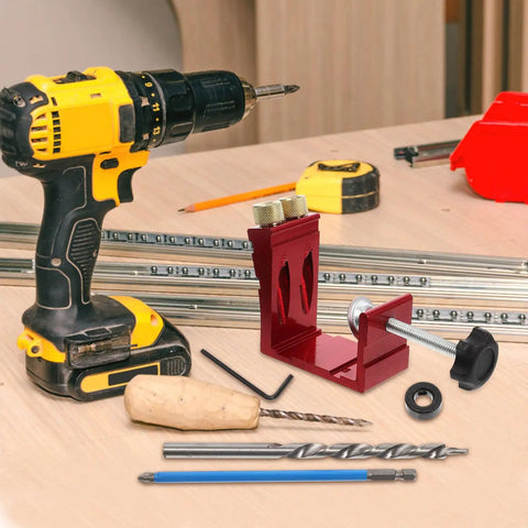 Pro Level Pocket Hole Drill Guide Jig For Woodworking Featuring Quick Release Clamps placed on a workbench with tools.