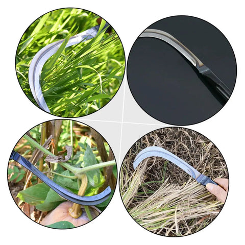Collage of 2-Pack Mowing Sickle Weeding Hook With No Slip Grip For Gardening And Harvesting, showing use in grass and plants
