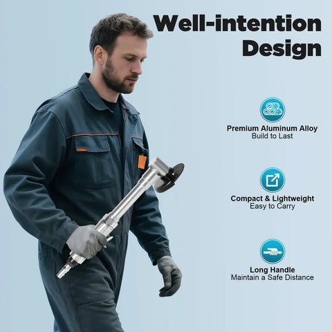 Person holding 12.2 Inch Extended Reach Pneumatic Angle Grinder with 90 PSI Air Power and 25000 RPM for tight spots.