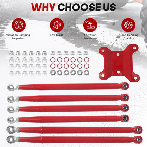 Rear Radius Rods for Maverick X3 64 Inch Body, Beefed-Up Steel With Heim Joints, Red Finish, Fits 2017-2021 X Turbo R, Turbo, MAX Turbo, MAX X DS Turbo Models, Upgraded Suspension Stability and Tire Clearance