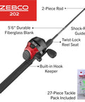 Spincast Reel And Fishing Rod Combo 5 Foot 6 Inch Two Piece Rod Right Hand Retrieve Pre Spooled With 10 Pound Cajun Line Includes 27 Piece Tackle Kit No Tangling Push Button Design Ready To Fish Black And Red