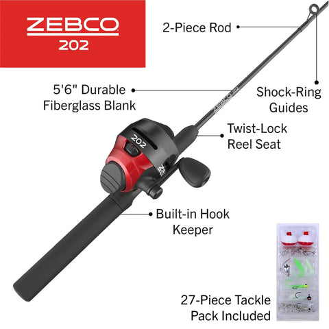 Spincast Reel And Fishing Rod Combo 5 Foot 6 Inch Two Piece Rod Right Hand Retrieve Pre Spooled With 10 Pound Cajun Line Includes 27 Piece Tackle Kit No Tangling Push Button Design Ready To Fish Black And Red