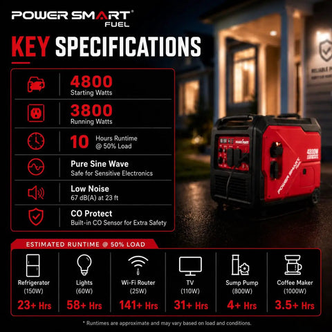 4800W Gas Portable Inverter Generator With Electric Start showing key specifications and estimated runtimes at night by a house.