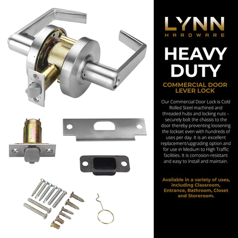 Privacy Bathroom Door Lock Lever Handle Set for Commercial Use, cylindrical lock design, satin chrome finish with hardware shown
