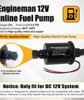 Heavy Duty 12V Inline Electric Fuel Pump Delivering Smooth 2.5 To 4.5 Psi Output with copper and metal construction for diesel and gasoline.