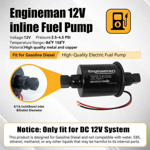 Heavy Duty 12V Inline Electric Fuel Pump Delivering Smooth 2.5 To 4.5 Psi Output with copper and metal construction for diesel and gasoline.