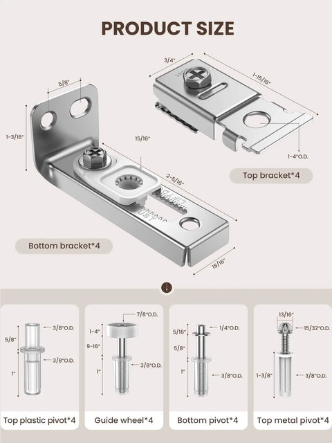 Diagram of Bi-Fold Door Hardware Repair Kit 4 Pack For 7/8 To 1 Inch Track Includes Top And Bottom Pivots Brackets Guide Wheels And Mounting Fasteners DIY Friendly Replacement Parts Set For Folding Pocket Doors Barn Style Bi-Fold Closets showing dimensions and components