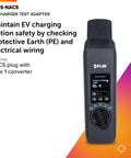 Electric Vehicle Charger Test Adapter with NACS plug and Type 1 converter, displaying safety features and wiring check