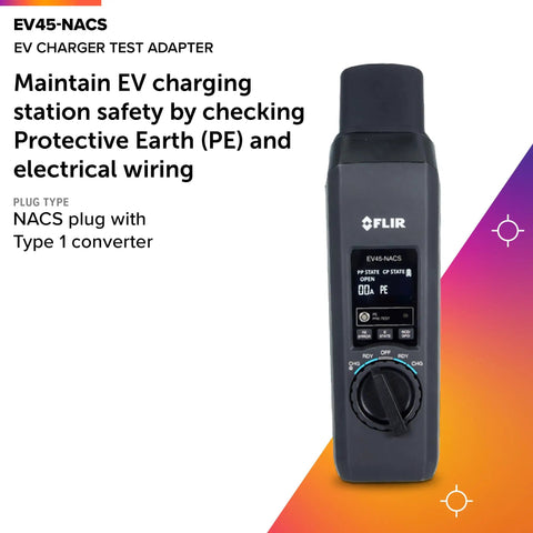 Electric Vehicle Charger Test Adapter with NACS plug and Type 1 converter, displaying safety features and wiring check
