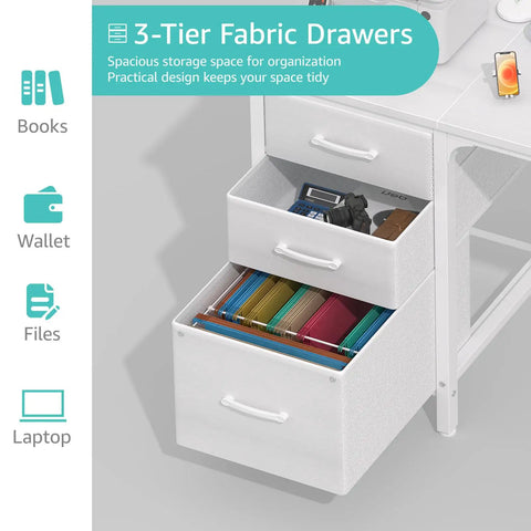 White 47 Inch Computer Desk With Fabric Filing Cabinet And Reversible Layout showing open fabric drawers with organized files.