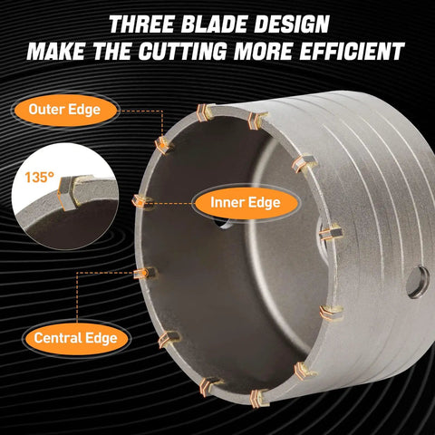 Top Tier 9 Piece Concrete Hole Saw Bit Kit Featuring Five Versatile Sizes Including 30mm And 100mm Plus Shanks And Pilot Bits For Heavy Duty Masonry And Brick Drilling Jobs That Seriously Rock. Three-blade concrete hole saw, 135° carbide edge