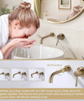 Woman using wall mount brushed gold bathroom faucet with single handle 2 hole modern sink faucet includes rough in valve.