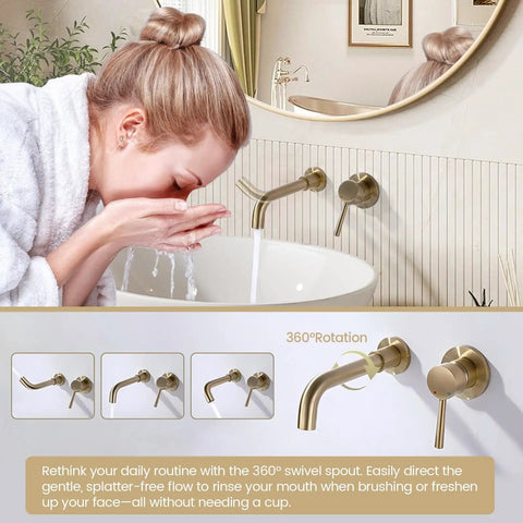 Woman using wall mount brushed gold bathroom faucet with single handle 2 hole modern sink faucet includes rough in valve.
