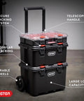 Front view of Stack N Roll Modular Tools Organizer System For Garage Storage And DIY, Three Piece Resin Rolling Toolbox Set.
