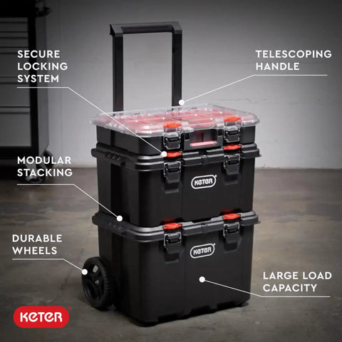 Front view of Stack N Roll Modular Tools Organizer System For Garage Storage And DIY, Three Piece Resin Rolling Toolbox Set.
