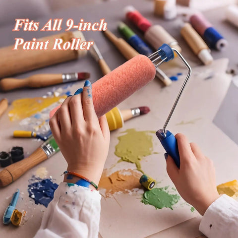 Hands holding 9-inch roller with paint splotches, showcasing 18 Pack 9 Inch Paint Roller Covers With 3 Eighth Inch Nap High Density Polyester Fibers For Smooth And Textured Surfaces Create A Flawless Finish On Walls Ceilings And Woodwork Cut Down On Reloads And Drips