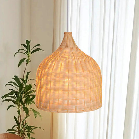 Natural Rattan Woven Pendant Light 13.78 Inch Handmade Ceiling Fixture Dome Shade Chandelier in cozy interior setting