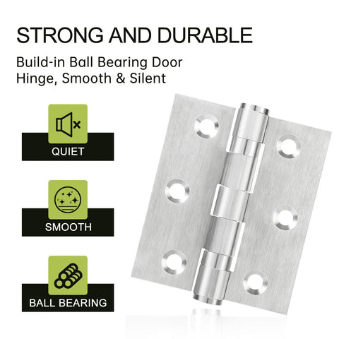 3 Pack 3 Inch Stainless Steel Door Hinges Heavy Duty Ball Bearing For Interior And Exterior Doors Square Corner Smooth Quiet Silver Finish Supports Up To 100 Lbs Each, stainless steel hinge close-up