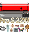 Front view of Falcon2 Pro S 22W Laser Engraver With Z Axis Auto Focus And Auto Cut Through, showing engravings on wood and acrylic.