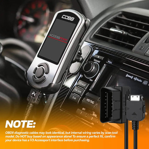 Dashboard with OBD2 OBDII Cable For Cord V3 AccessPort Interface, Compatible With Subaru Ford VW BMW WRX STI Focus Evo And Other Cars Using V3 Accessports, Extended 6.4-Foot Length For Flexible Diagnostic Reach, Easy DIY Install connected to AccessPort device.