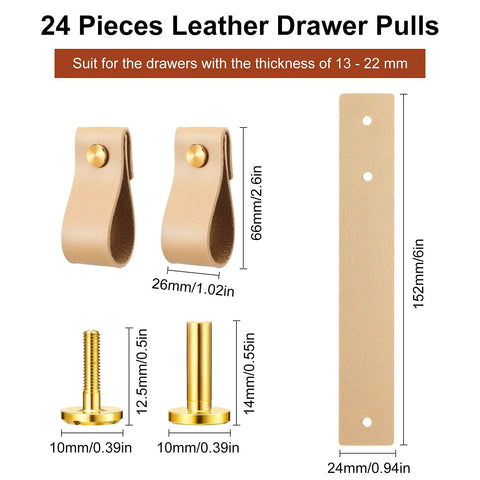 24 Pieces PVC Leather Drawer Pulls For Cabinets And Furniture - Handmade Light Brown Leather Cabinet Knobs Handles With Brass Screws, Durable Soft PVC Door Pulls For Dresser Drawers Wardrobe Cabinets with dimensions shown