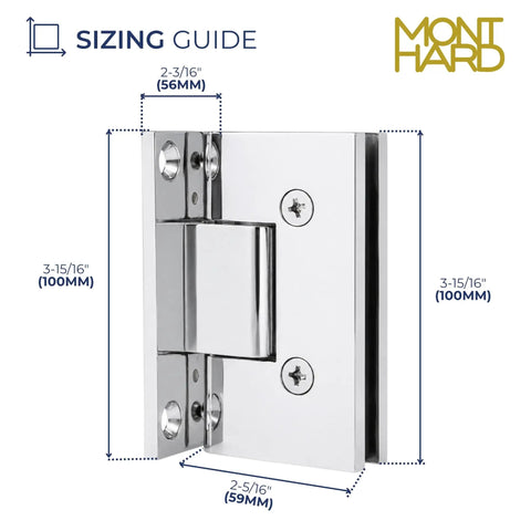 Heavy Duty Glass Shower Door Hinge With Full Back Plate Polished Chrome Finish For Half Inch Tempered Glass Frameless Doors sizing guide with measurements.