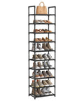 10-Tier Tall Shoe Rack Organizer With Metal Frame And Nonwoven Shelves, Vertical Shoe Storage For Entryway Or Bedroom, Holds About 20 Pairs, Black, Easy Assembly, shown with shoes.