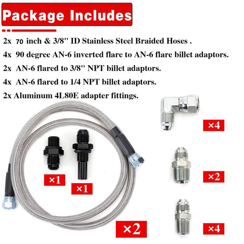 70 Inch 6AN Stainless Braided Transmission Cooler Hose Kit With AN6 Fittings For GM Chevy Ford package contents displayed