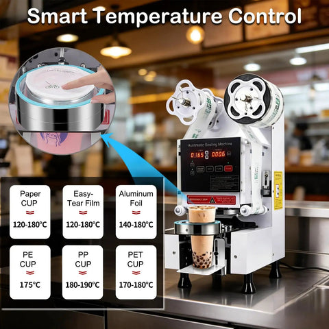 Hella Efficient Full Auto Cup Sealer Machine With Smooth Operator Boba And Coffee Sealing Tech featuring digital temperature control for various cup types.