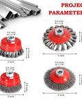 Four And One Half Inch Angle Grinder Wire Wheel Set with Six Packs, showing three and four inch cup brushes, knotted and crimped styles.