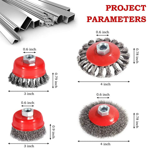 Four And One Half Inch Angle Grinder Wire Wheel Set with Six Packs, showing three and four inch cup brushes, knotted and crimped styles.