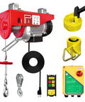 YATOINTO wireless electric hoist with red body, yellow lifting straps and remote control (front view)