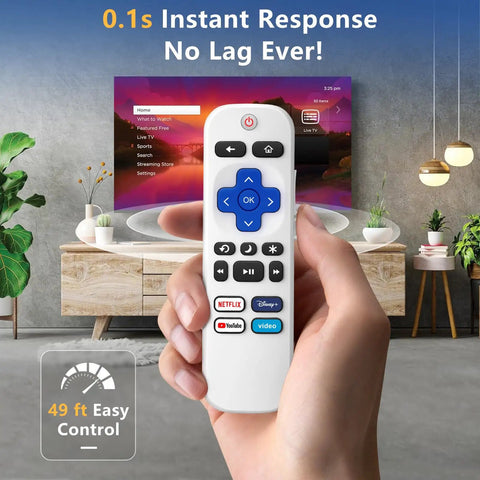 Two Replacement TV Remote Controls For TCL Onn Hisense Sharp Philips Westinghouse Insignia Element TLC Roku Ruko Ruku Roko Smart TVs Pack Of Two With Easy Setup And Wide Compatibility 1 Year Warranty shown with TV.