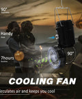 2 Pack Solar Camping Fan With Collapsible LED Lantern hanging in a tent, showing adjustable features and runtime information.