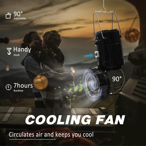 2 Pack Solar Camping Fan With Collapsible LED Lantern hanging in a tent, showing adjustable features and runtime information.